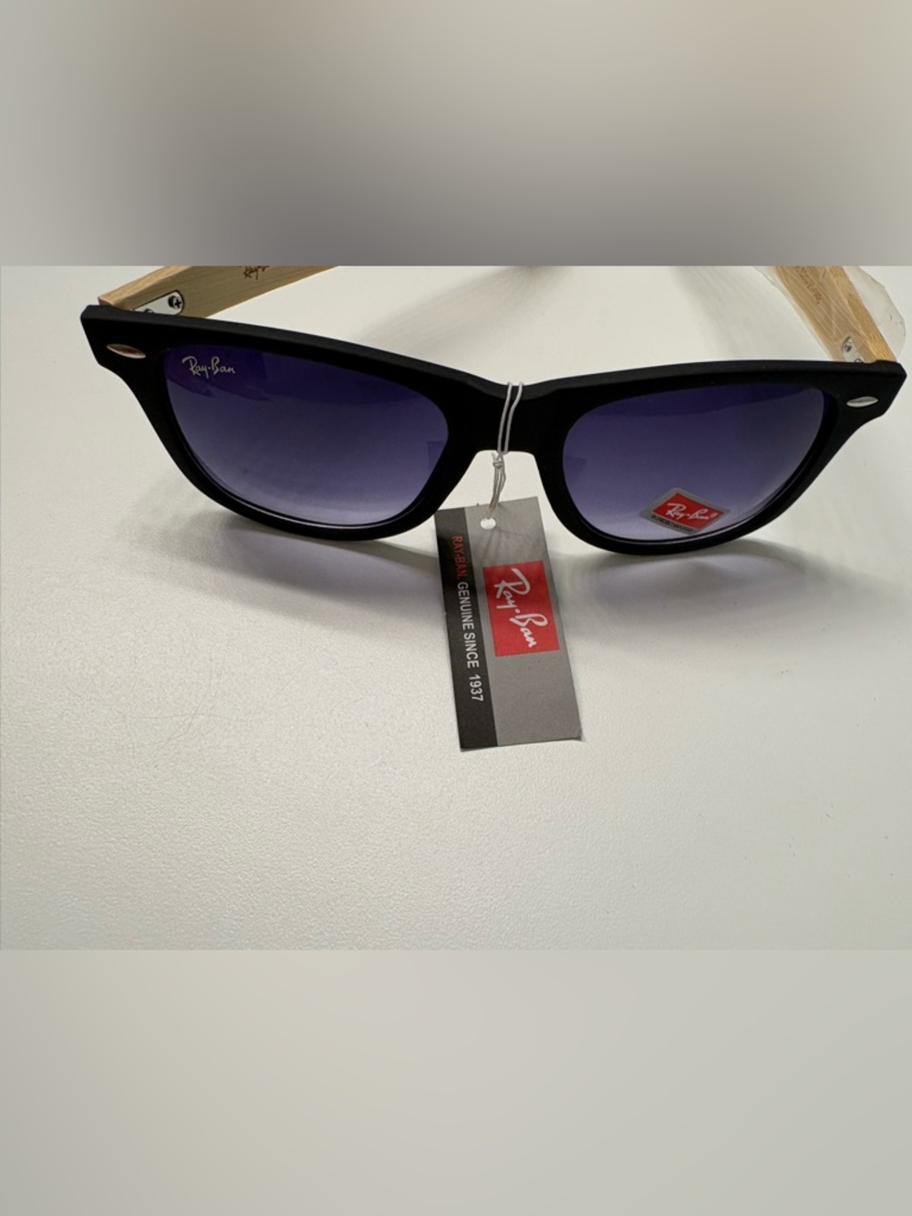 Ray-Ban Black Frame Sunglasses with Light Wood Temples
